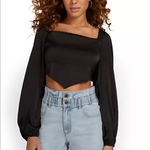 New York & Co. BLACK SATIN V-FRONT BLOUSE - EMORY PARK